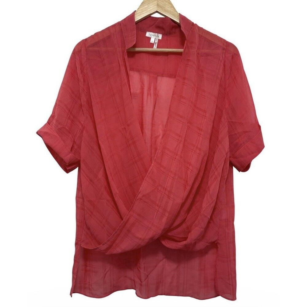 Soieblu Coral Pink Short Sleeve Wrap Blouse Shimmer Plaid High-Low Top Sz L